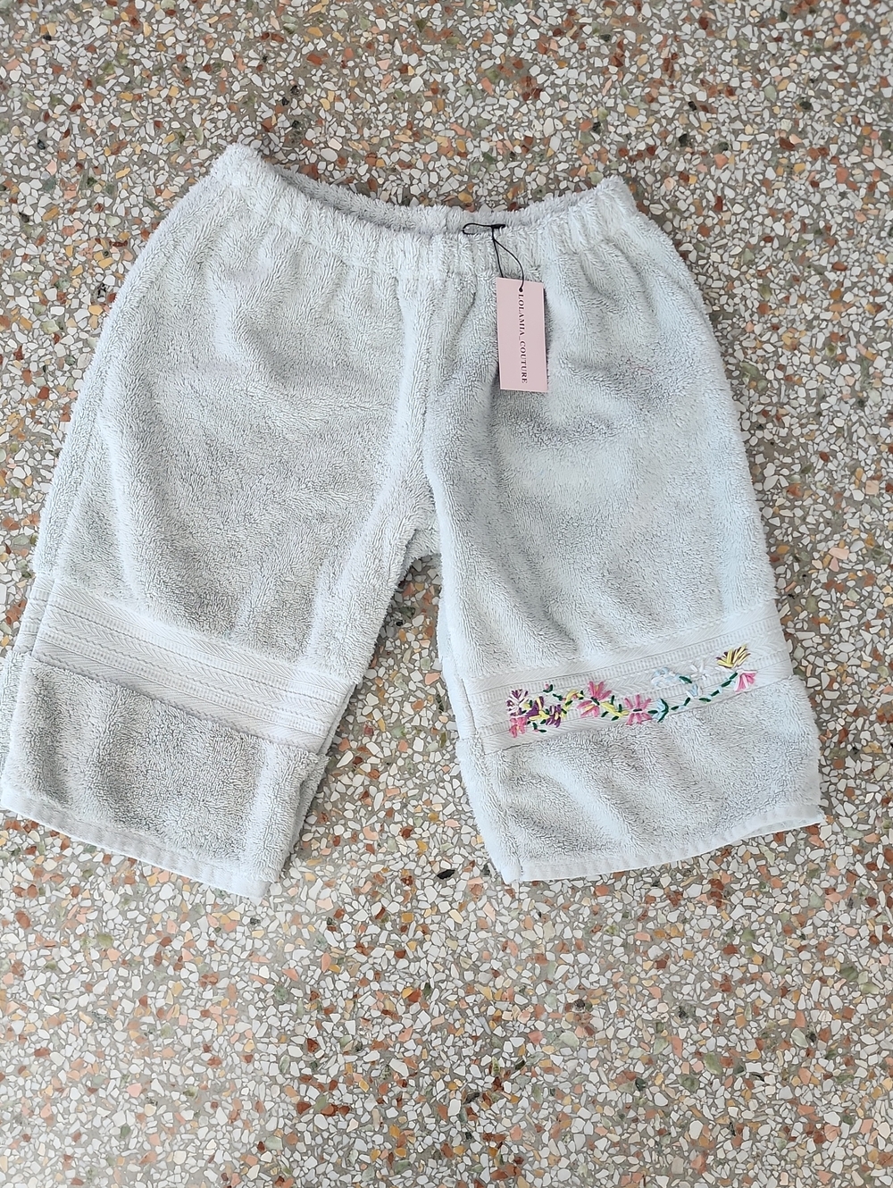 Light Grey  Terry Cloth Women's Lounge JORTS with Floral Embroidery